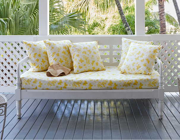 Living room styled with a printed textile collection