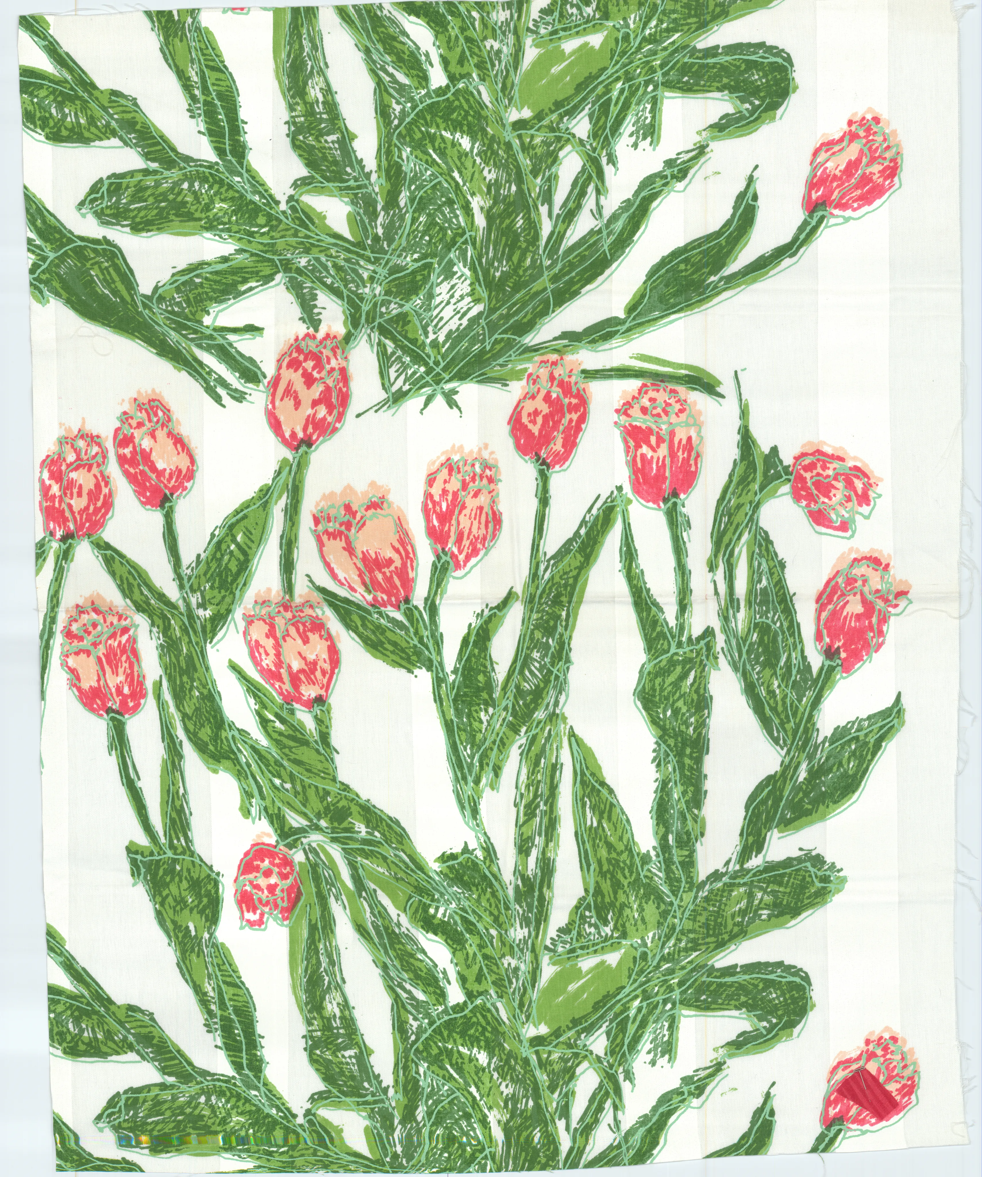 A vibrant textile print featuring bright pink tulips with textured green leaves and stems on a light background.
